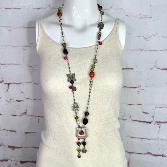 CHICO’S 21 Inch Long Multicolor Stones Beads Burnished Silver Necklace - Picture 2 of 9